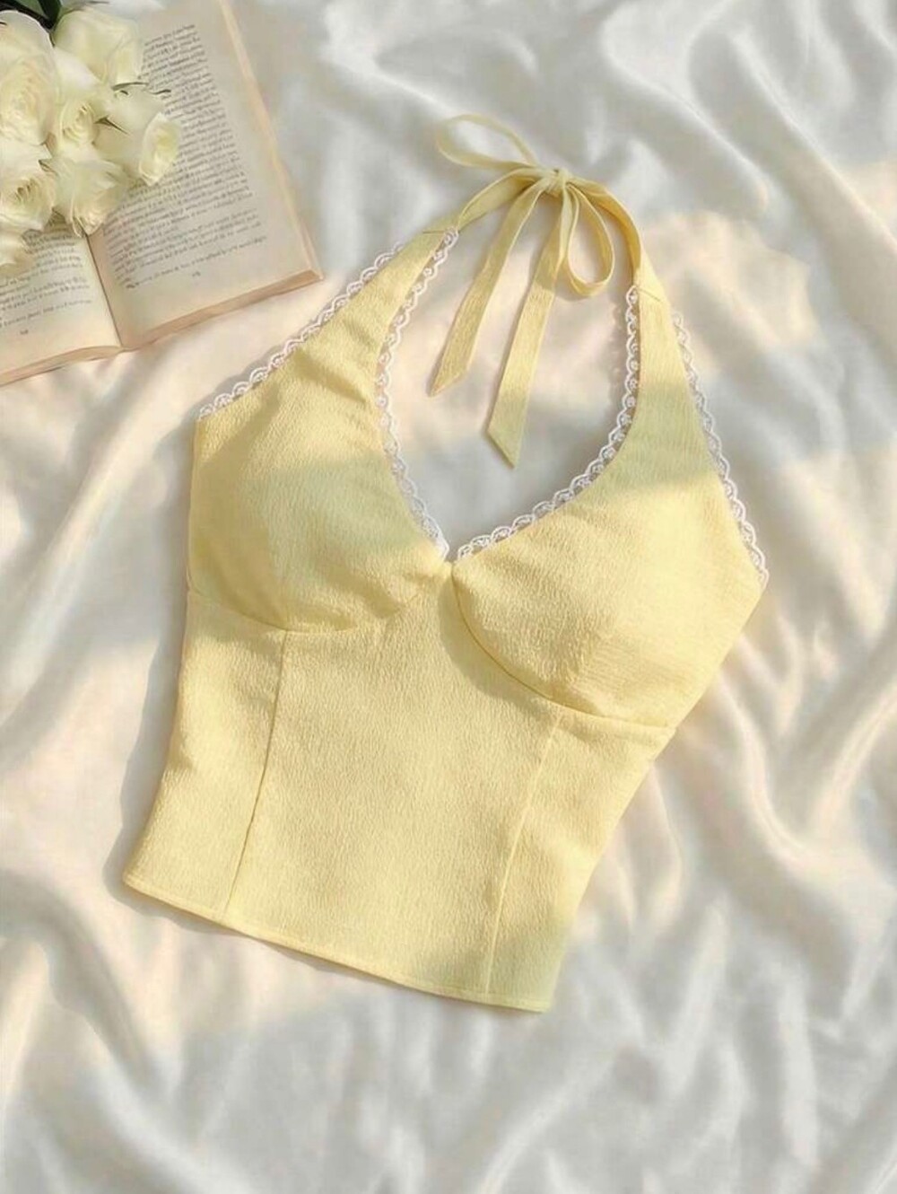 Yellow Halter Lace Trim Bustier Tank - Women